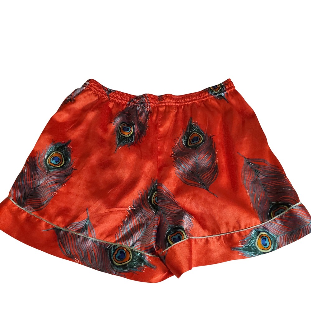 Their Nibs Red Peacock Feather Print‎ Satin Pajama Sleep Shorts Small Womens